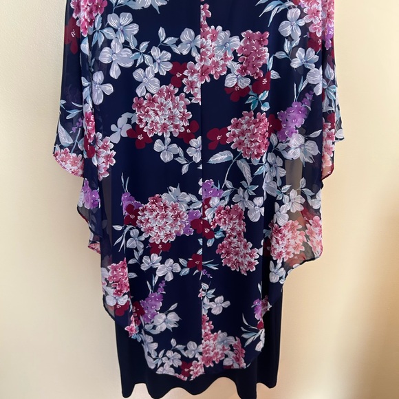 NWOT Floral Navy Dress with Sheer Floral Overlay, Cape Style & Perfect Details - Picture 8 of 12